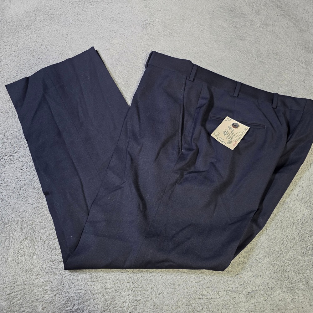 Handmade Mens 32x31 Wool Dress Pants Navy Blue Flat Front Tailored Slacks